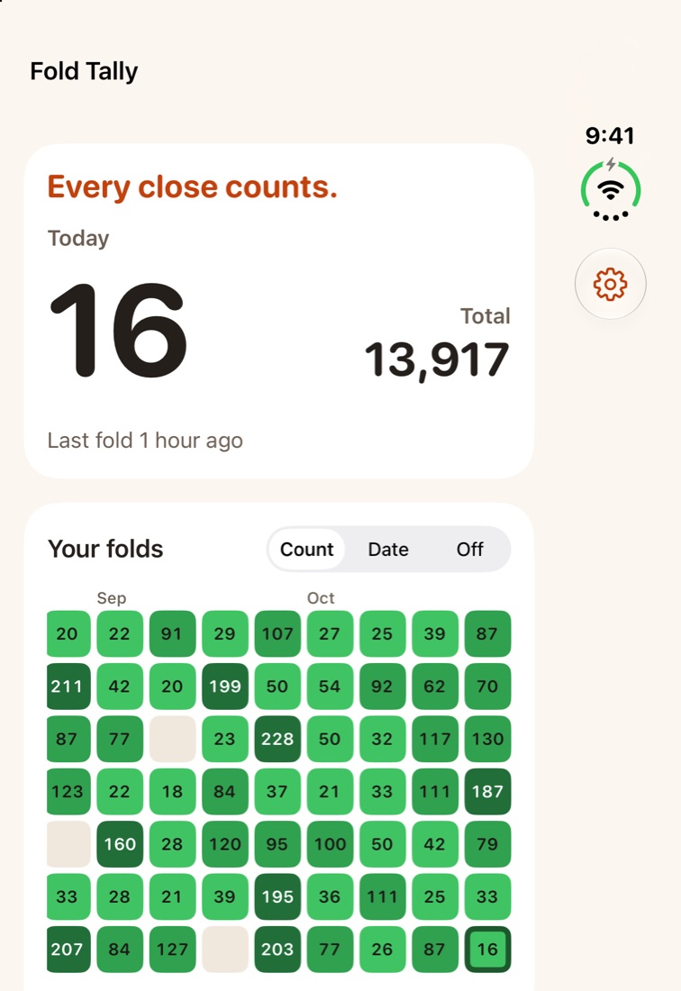 Fold Tally showing 16 folds today, 13,917 in total, and a heat map of daily folds.